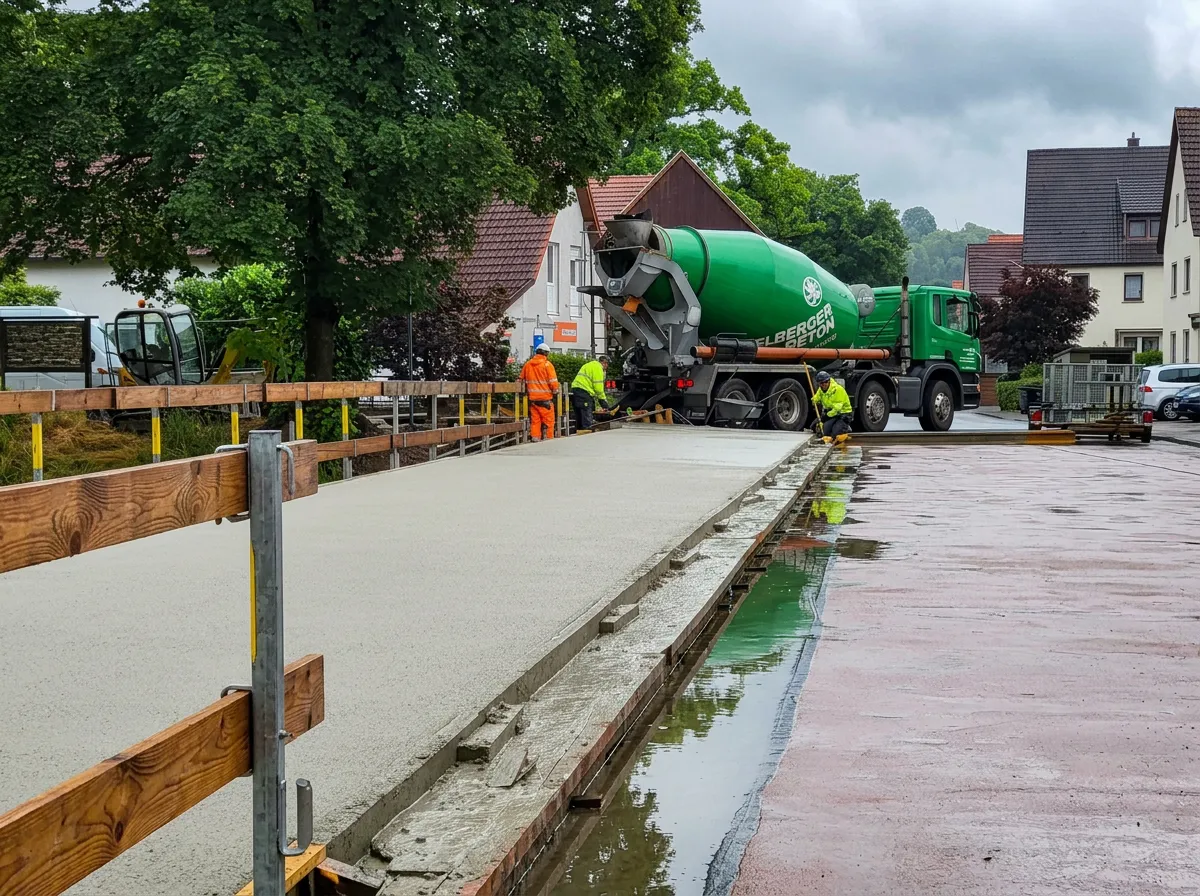 Betonage der Fahrbahnplatte der Brücke in Etteln