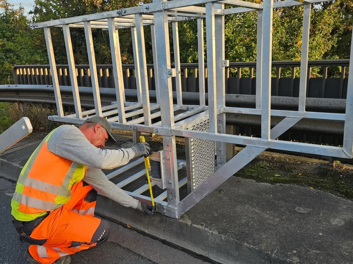 Montage der Stahlkonstruktion an der Brücke in Gohfeld